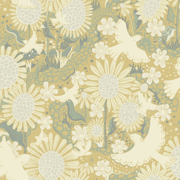 Manhattan Comfort Roubaix Drmma Butter Songbirds and Sunflowers 33 ft L X 209 in W Wallpaper BR4111-63010 - main